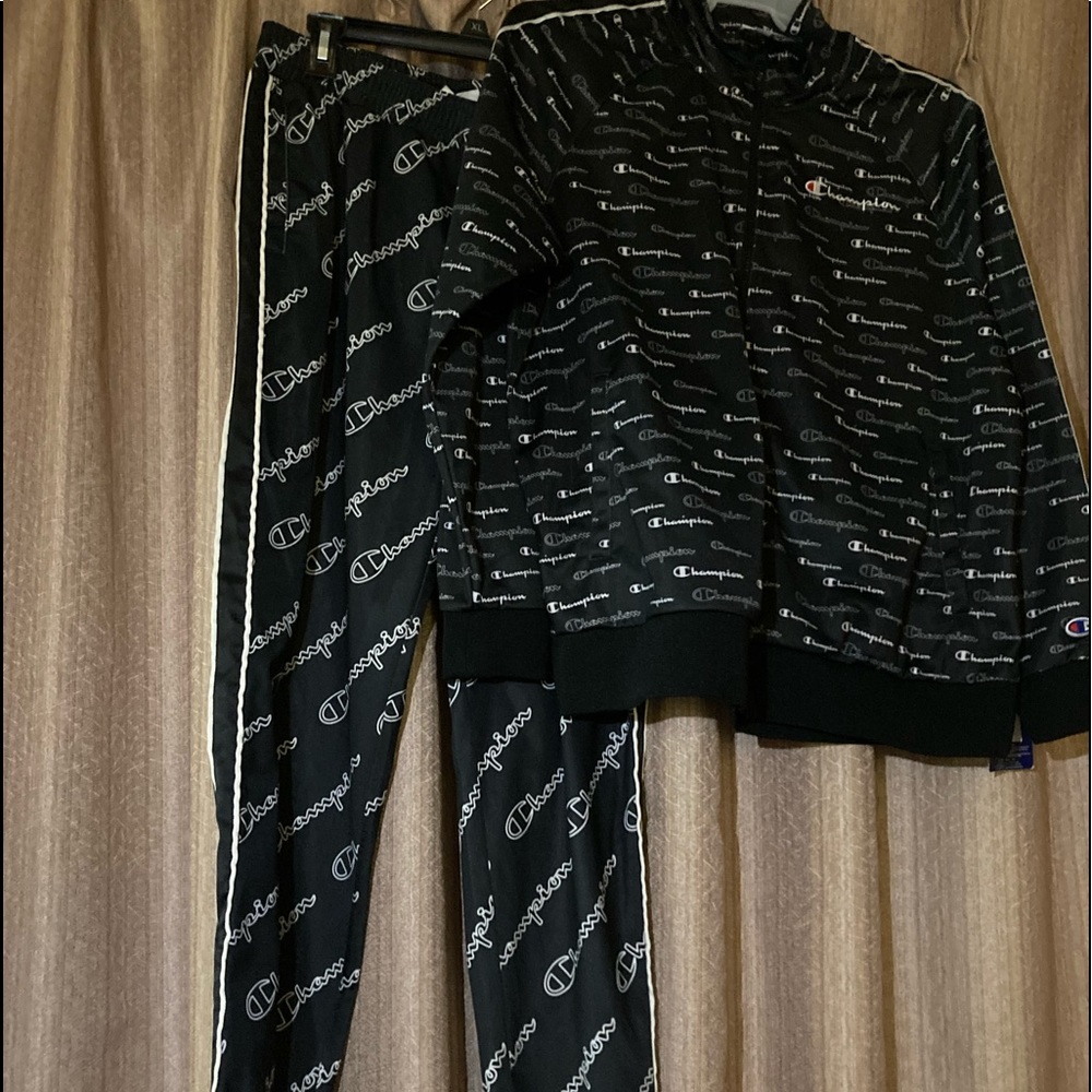 Women’s Black and White Champion tracksuit(Pants L, Jacket 2X fits like a Large